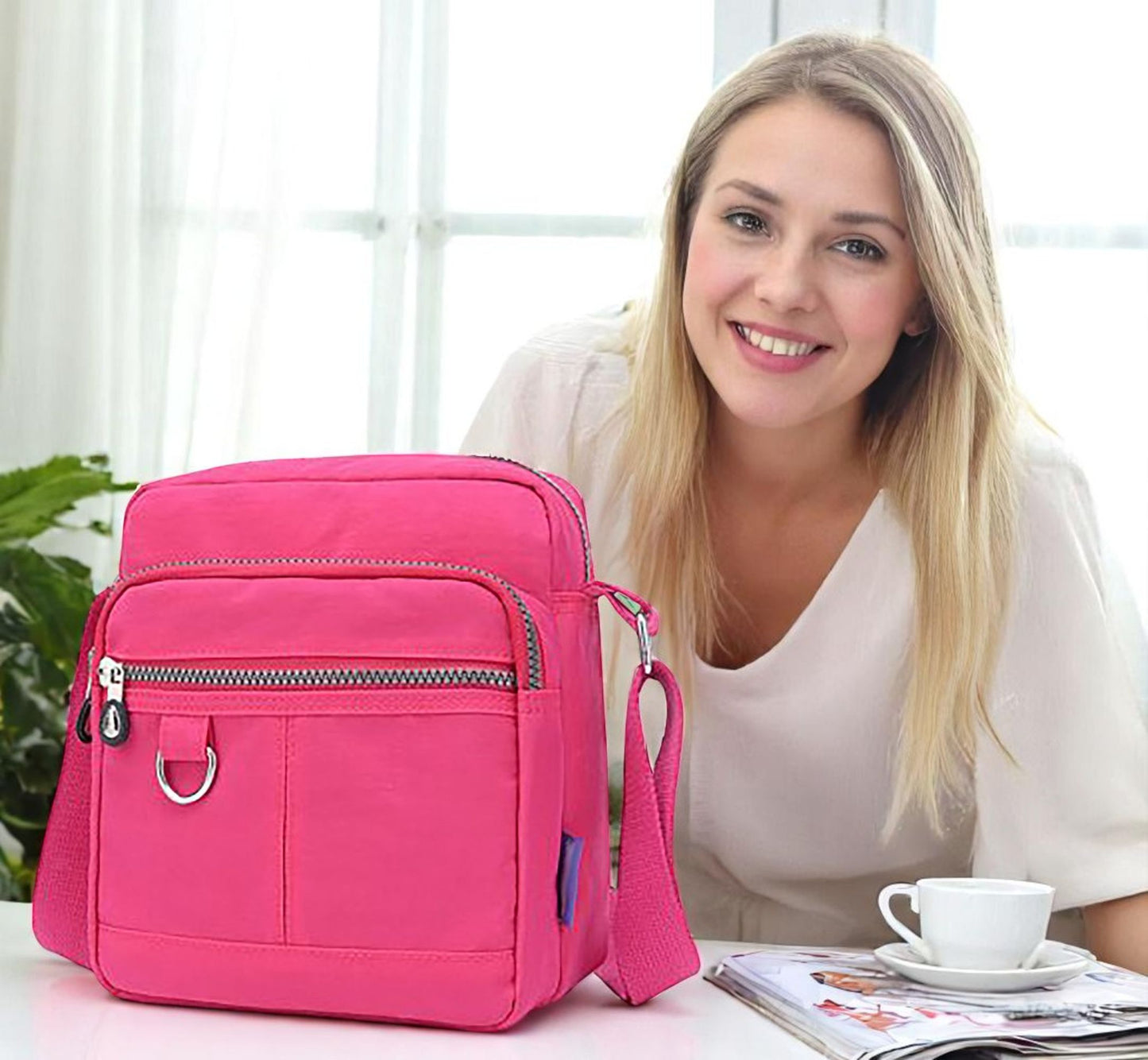 Lightweight Waterproof Small Nylon Crossbody Bag for Women with Multiple Compartments and Adjustable Strap - Hot Pink (9925-CRTGLB)