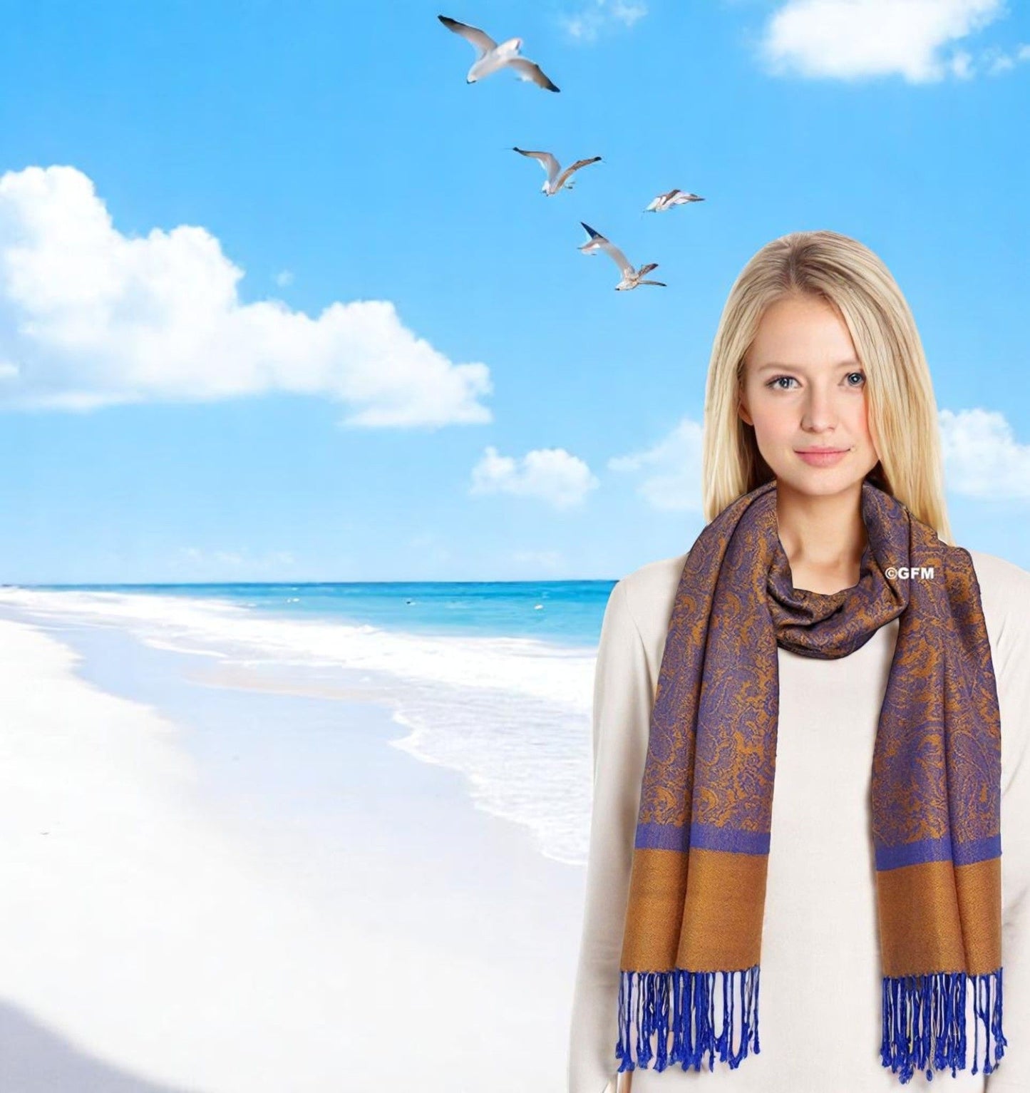 Paisley Pattern Pashmina Style Scarf – Lightweight, Stylish, Boho-Chic Fashion Accessory - Orange Blue (P093-NRGCRTNL)
