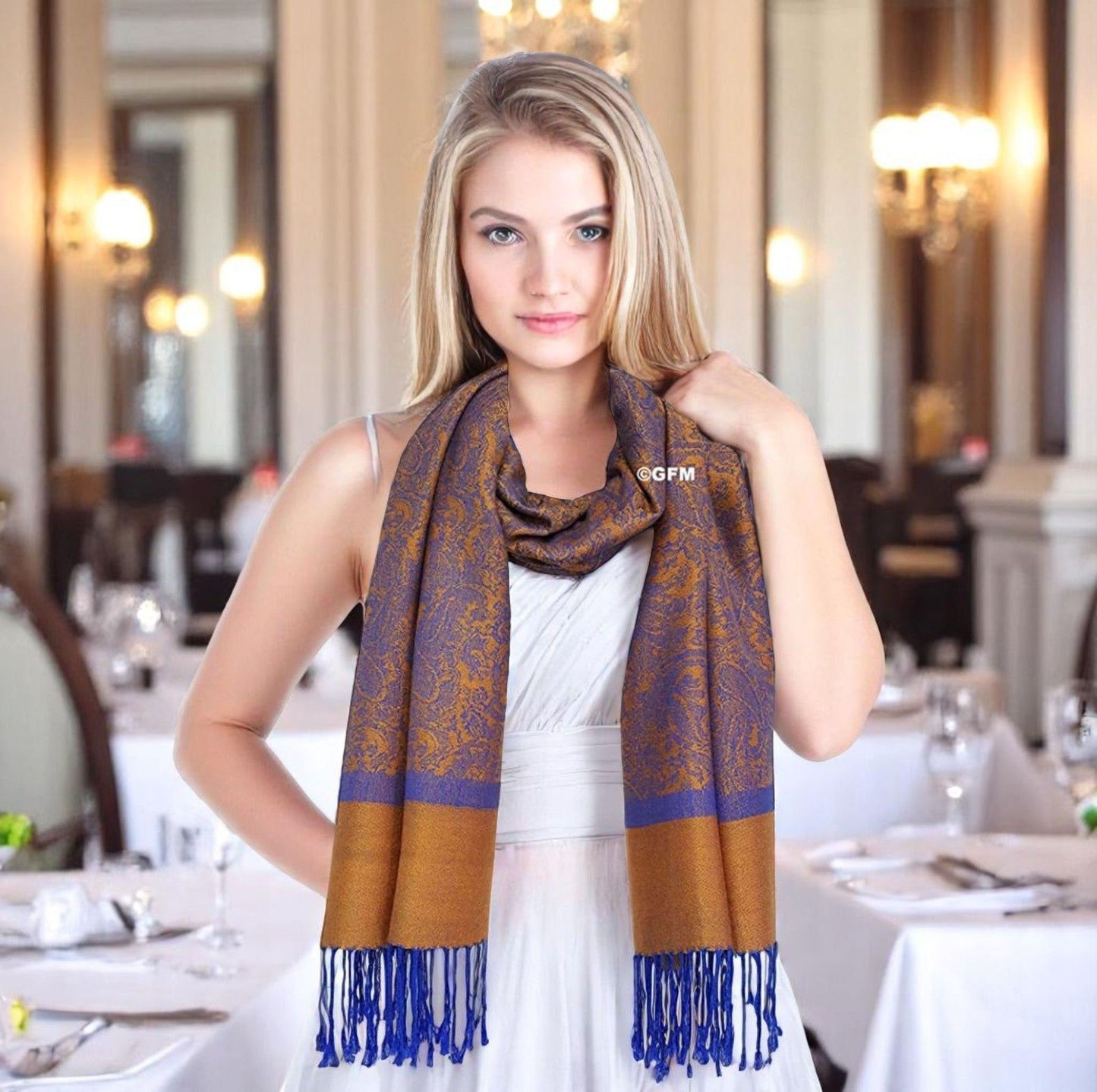 Paisley Pattern Pashmina Style Scarf – Lightweight, Stylish, Boho-Chic Fashion Accessory - Orange Blue (P093-NRGCRTNL)