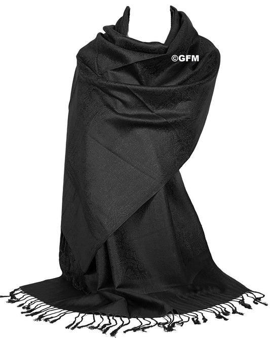 Paisley Pattern Pashmina Style Scarf – Lightweight, Stylish, Boho-Chic Fashion Accessory - Black (P093-KLKL)