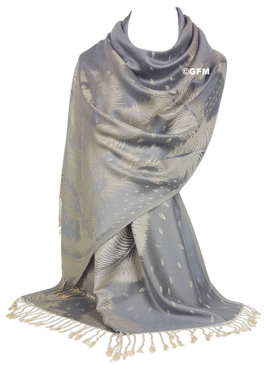 Peacock Feather Design Pashmina Style Scarf or Shawl – Grey Cream (PCKPASH-P40-BHDDH)