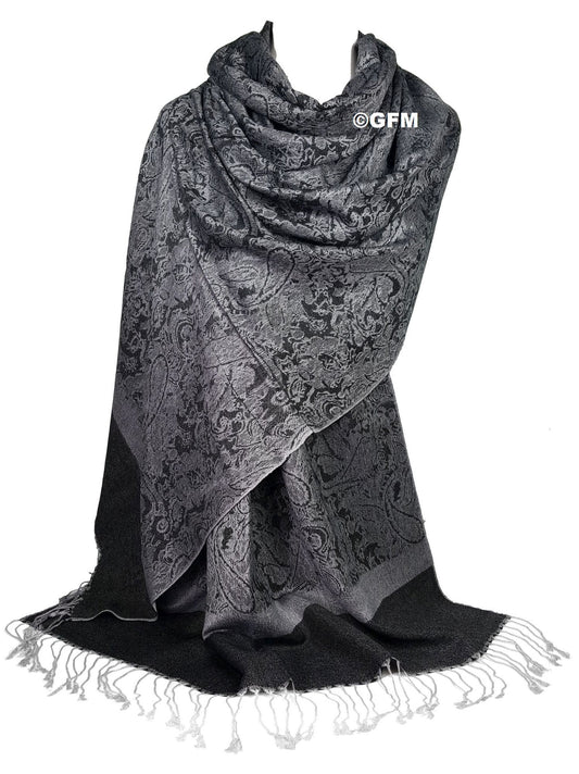 Paisley Pattern Pashmina Style Scarf – Lightweight, Stylish, Boho-Chic Fashion Accessory - Black White (P093-KLSFD)
