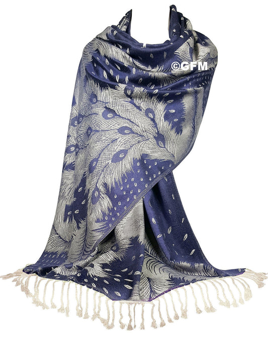Peacock Feather Design Pashmina Style Scarf or Shawl – Blue Cream (PCKPASH-P49-NLDDH)