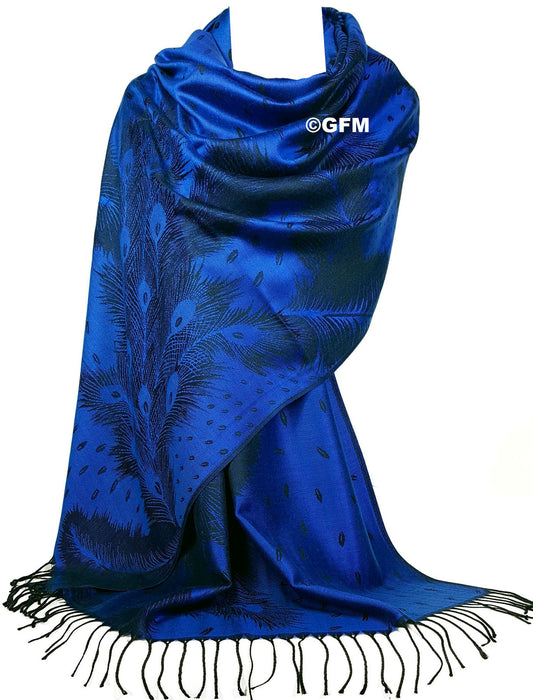Peacock Feather Design Pashmina Style Scarf or Shawl – Royal Blue (PCKPASH-P4-CRTNL)