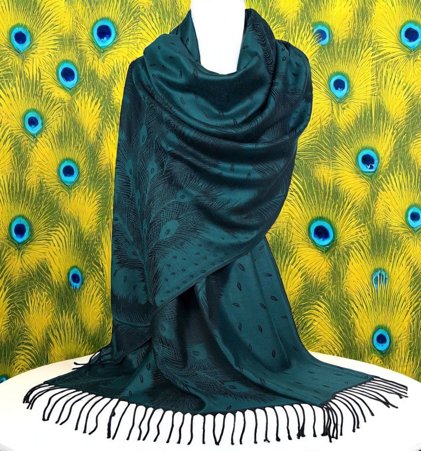 Peacock Feather Design Pashmina Style Scarf or Shawl – Peacock Green Blue (PCKPASH-P3-PCKKL)