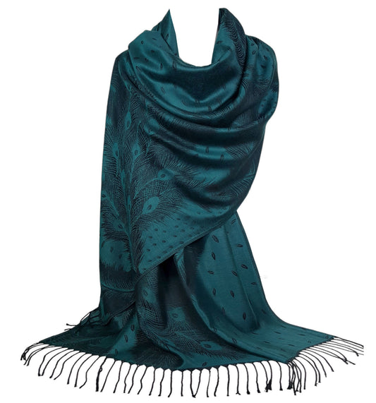 Peacock Feather Design Pashmina Style Scarf or Shawl – Peacock Green Blue (PCKPASH-P3-PCKKL)