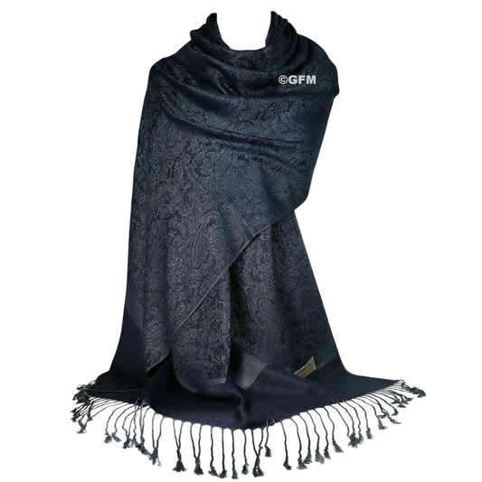 Paisley Pattern Pashmina Style Scarf – Lightweight, Stylish, Boho-Chic Fashion Accessory - Midnight Blue (P093-MdNgtNL)