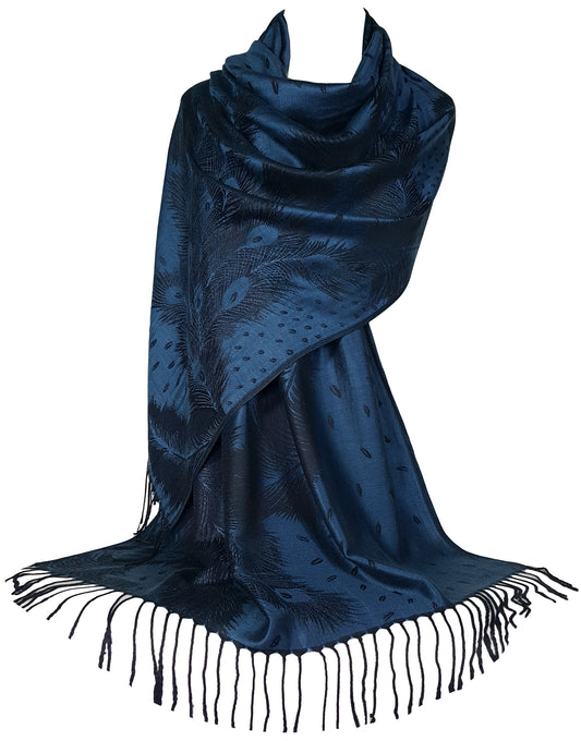 Peacock Feather Design Pashmina Style Scarf or Shawl – Light Navy Blue (PCKPASH-P1-GHNL)