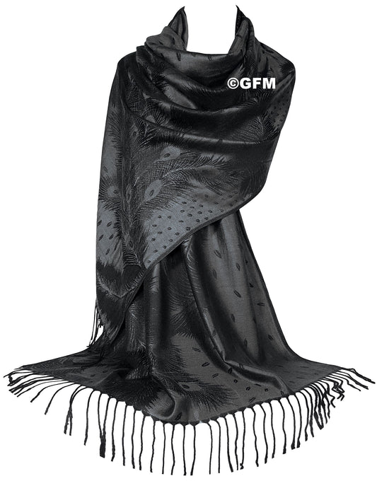 Peacock Feather Design Pashmina Style Scarf or Shawl – Grey Black (PCKPASH-P10-KLBH)