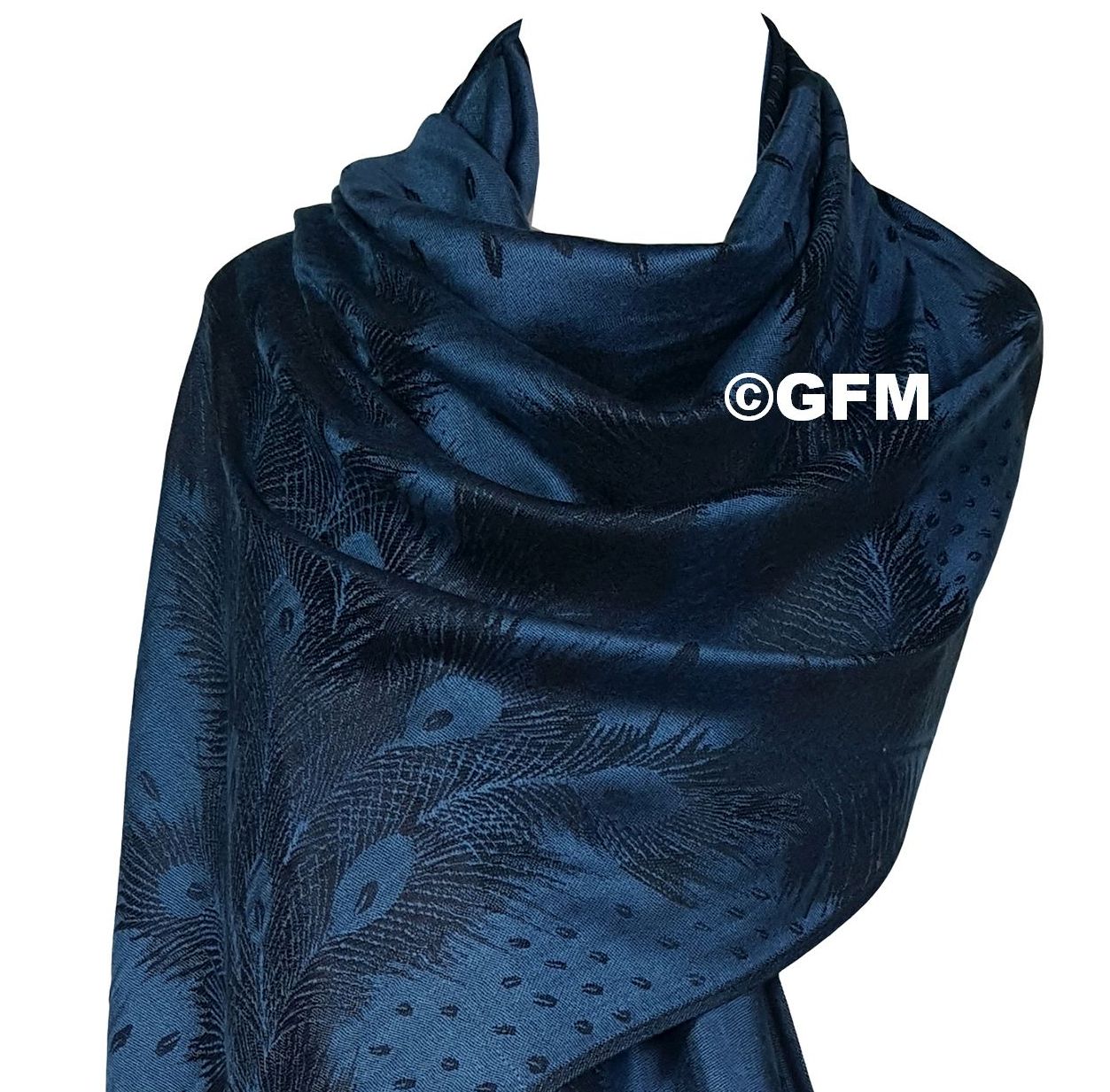 Peacock Feather Design Pashmina Style Scarf or Shawl – Light Navy Blue (PCKPASH-P1-GHNL)