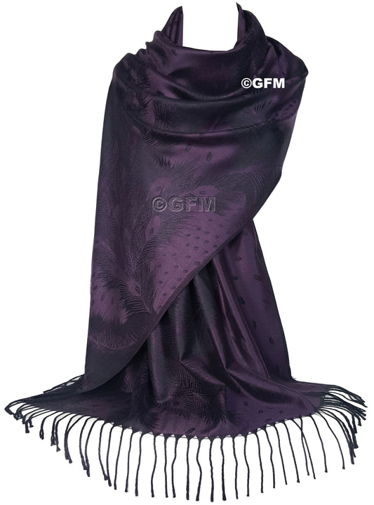 Peacock Feather Design Pashmina Style Scarf or Shawl – Aubergine Purple (PCKPASH-P29-AUJMNKL)