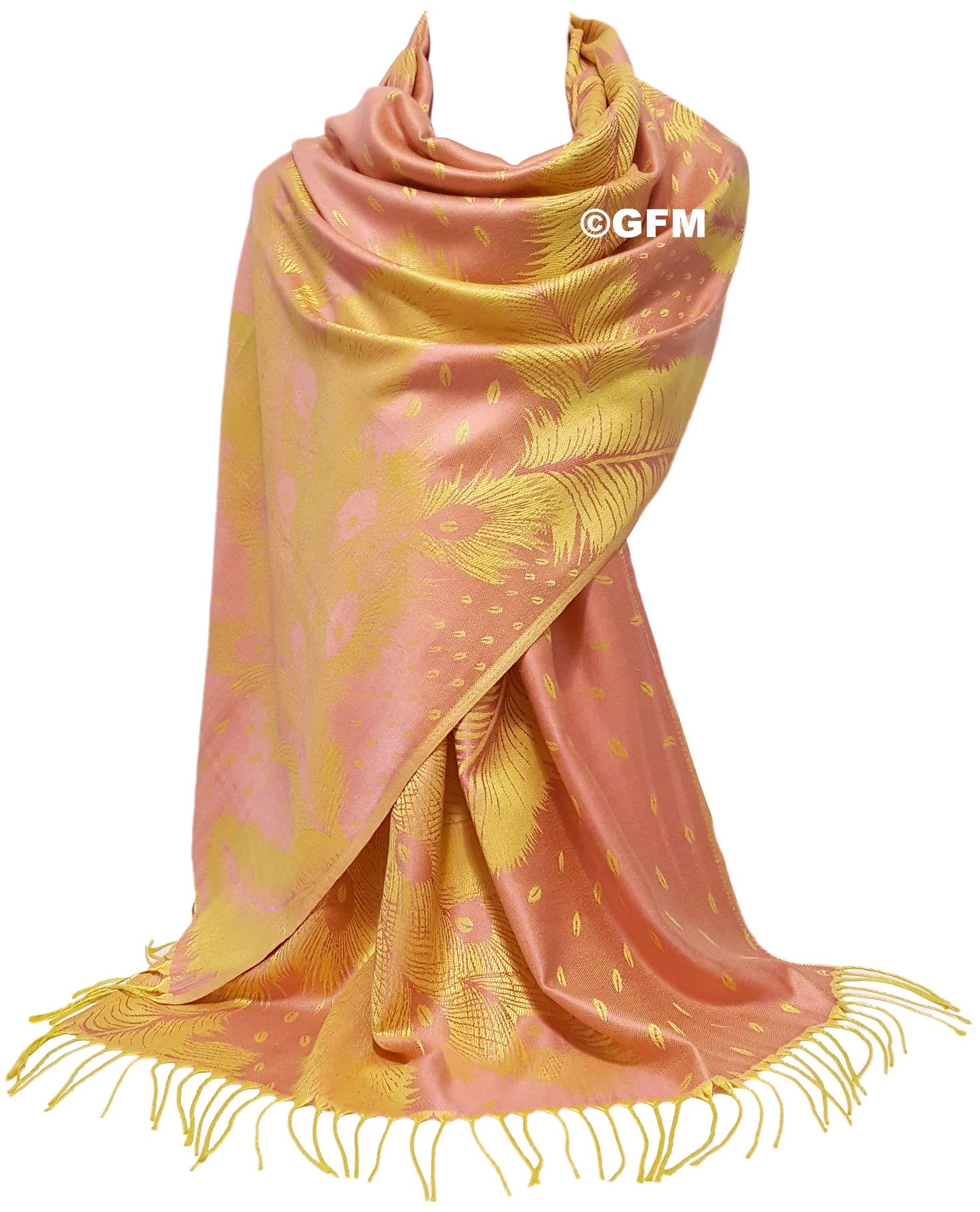 Peacock Feather Design Pashmina Style Scarf or Shawl – Pink Yellow (PCKPASH-P30-HLGLBSN)