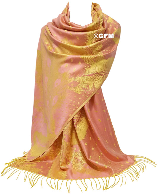 Peacock Feather Design Pashmina Style Scarf or Shawl – Pink Yellow (PCKPASH-P30-HLGLBSN)
