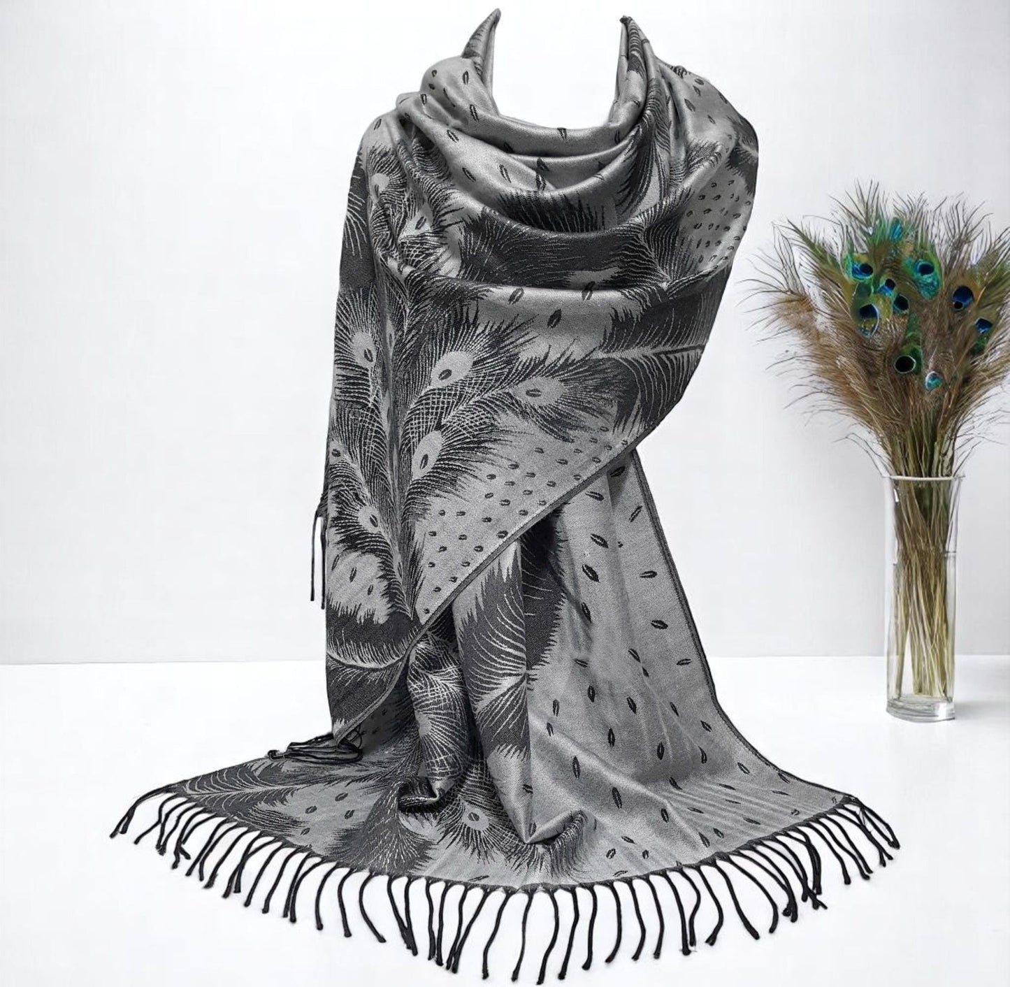 Peacock Feather Design Pashmina Style Scarf or Shawl – Silver Grey & Black (PCKPASH-P5-KLCH)