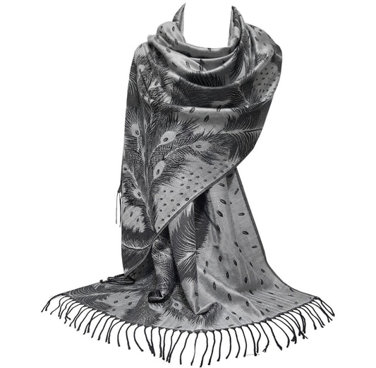 Peacock Feather Design Pashmina Style Scarf or Shawl – Silver Grey & Black (PCKPASH-P5-KLCH)