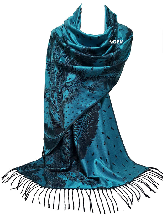 Peacock Feather Design Pashmina Style Scarf or Shawl – Teal Blue (PCKPASH-P7-TXKL)