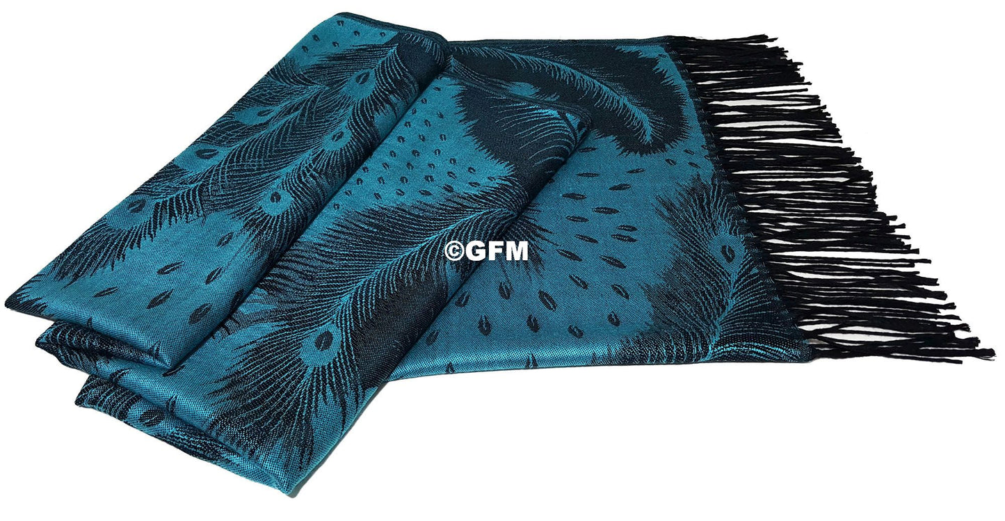 Peacock Feather Design Pashmina Style Scarf or Shawl – Teal Blue (PCKPASH-P7-TXKL)