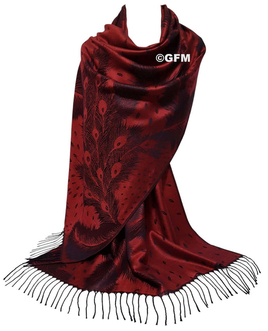 Peacock Feather Design Pashmina Style Scarf or Shawl – Deep Red Black (PCKPASH-P23-VLLKL)