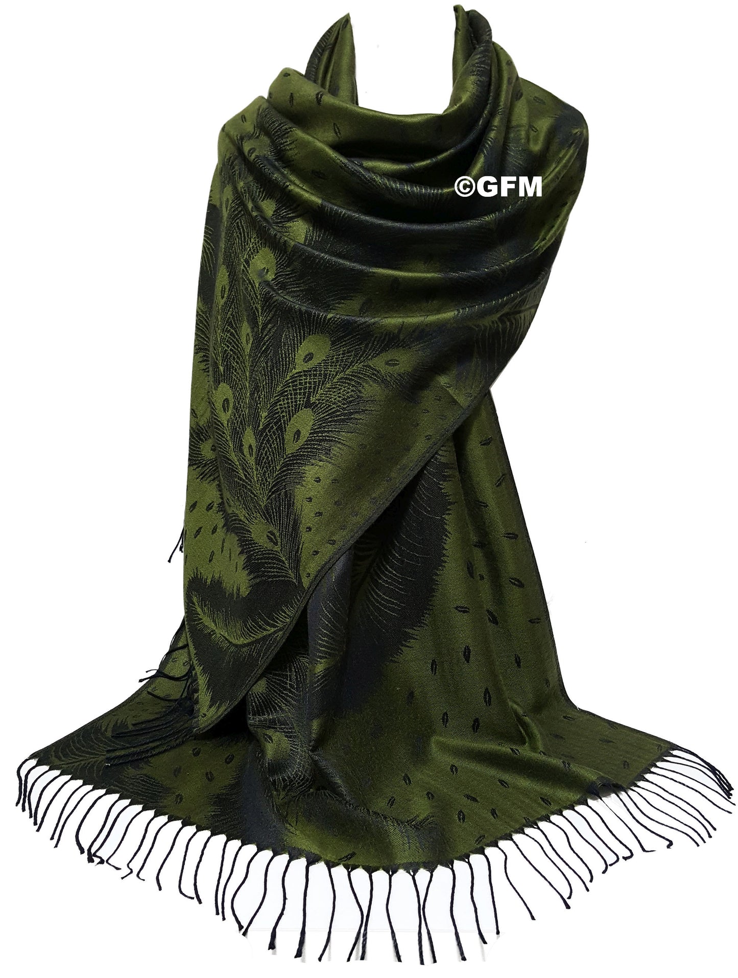 Peacock Feather Design Pashmina Style Scarf or Shawl – Olive Green (PCKPASH-P11-JTNKL)