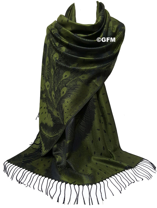 Peacock Feather Design Pashmina Style Scarf or Shawl – Olive Green (PCKPASH-P11-JTNKL)