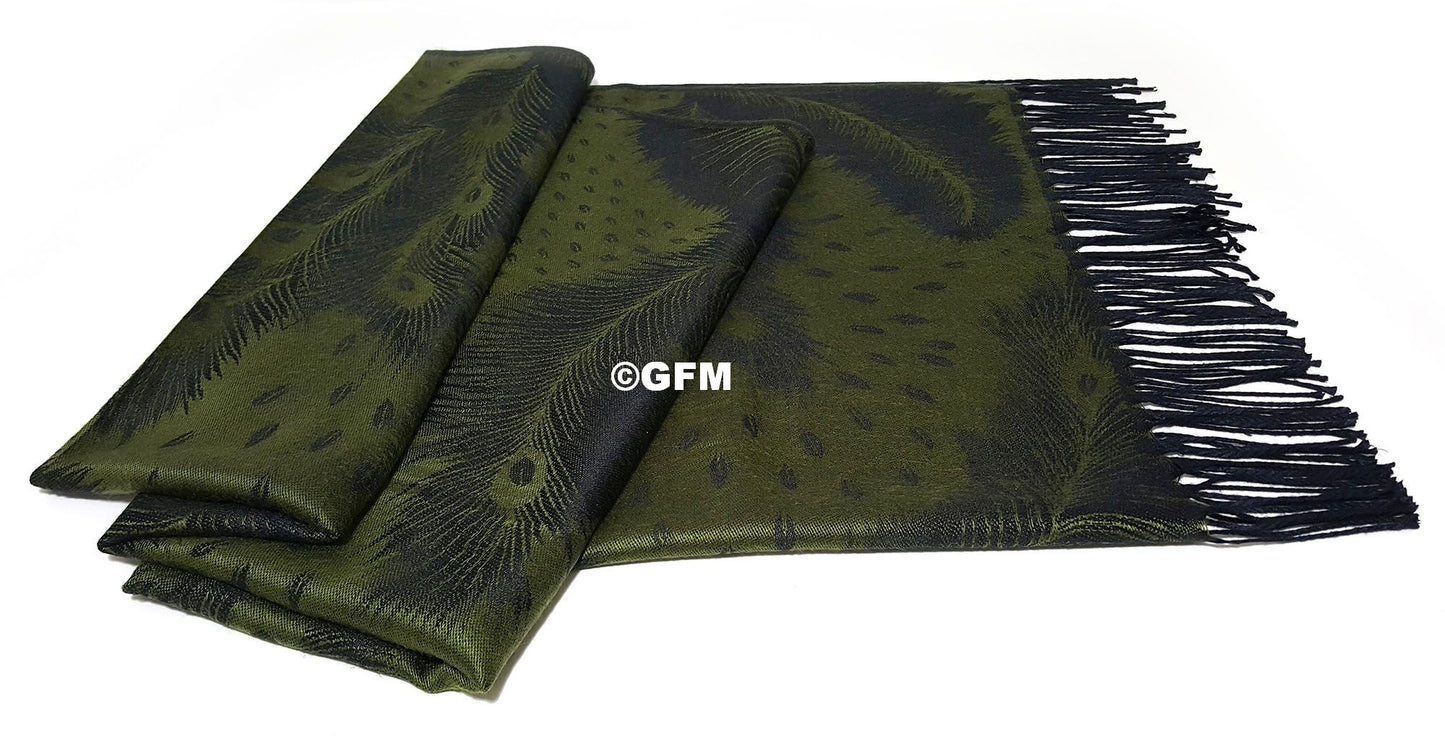 Peacock Feather Design Pashmina Style Scarf or Shawl – Olive Green (PCKPASH-P11-JTNKL)