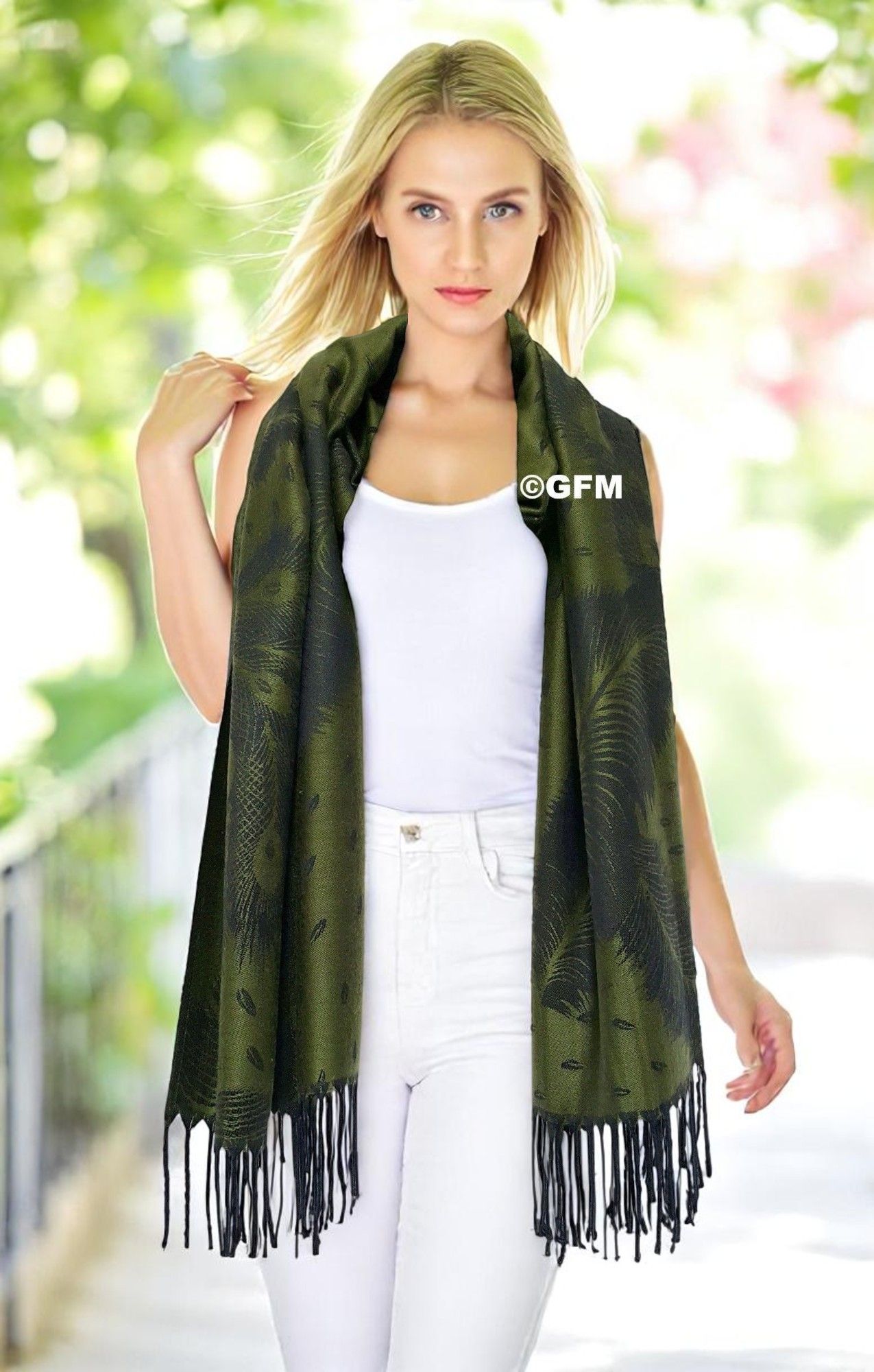 Peacock Feather Design Pashmina Style Scarf or Shawl – Olive Green (PCKPASH-P11-JTNKL)