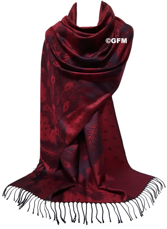 Peacock Feather Design Pashmina Style Scarf or Shawl – Berry Red (PCKPASH-P6-BLL)