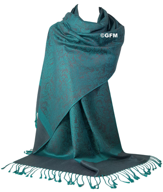 Paisley Pattern Pashmina Style Scarf – Lightweight, Stylish, Boho-Chic Fashion Accessory - Teal Grey (P093-TLBH)