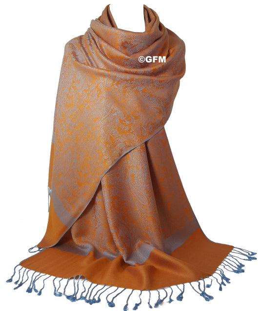 Paisley Pattern Pashmina Style Scarf – Lightweight, Stylish, Boho-Chic Fashion Accessory - Orange Blue (P093-NRGNL)