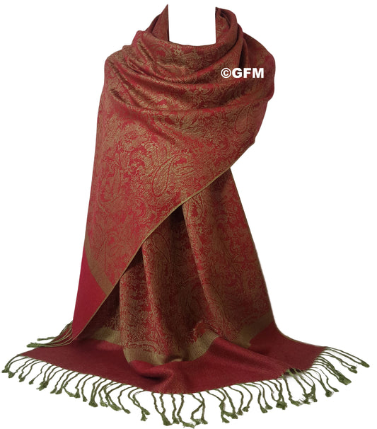 Paisley Pattern Pashmina Style Scarf – Lightweight, Stylish, Boho-Chic Fashion Accessory - Berry Red Olive Green (P093-BLLJTN)