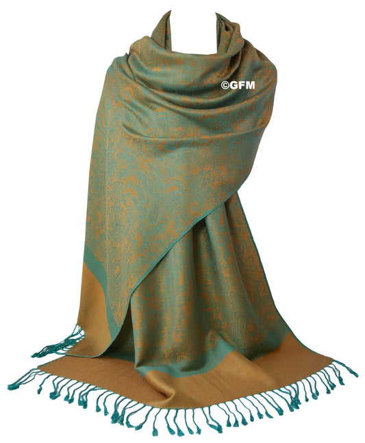 Paisley Pattern Pashmina Style Scarf – Lightweight, Stylish, Boho-Chic Fashion Accessory - Turquoise Orange (P093-TXNRG)