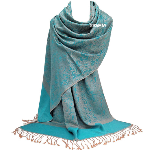 Paisley Pattern Pashmina Style Scarf – Lightweight, Stylish, Boho-Chic Fashion Accessory - Turquoise Brown (P093-TXHLKEK)