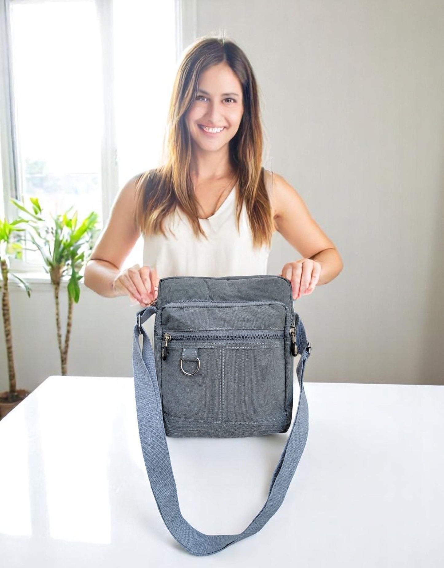 Lightweight Waterproof Small Nylon Crossbody Bag for Women with Multiple Compartments and Adjustable Strap - Light Grey (9925-HLBH)