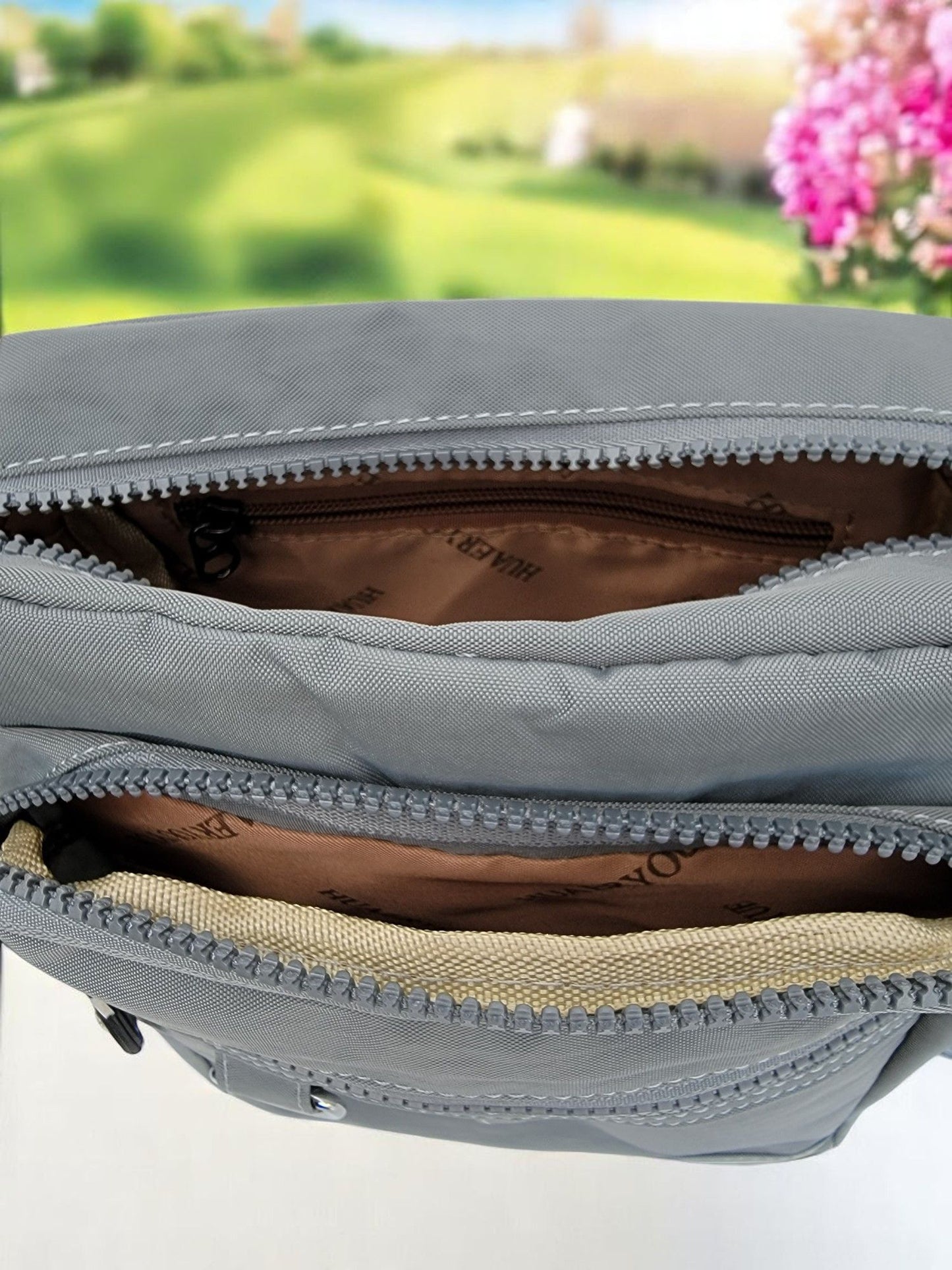 Lightweight Waterproof Small Nylon Crossbody Bag for Women with Multiple Compartments and Adjustable Strap - Light Grey (9925-HLBH)