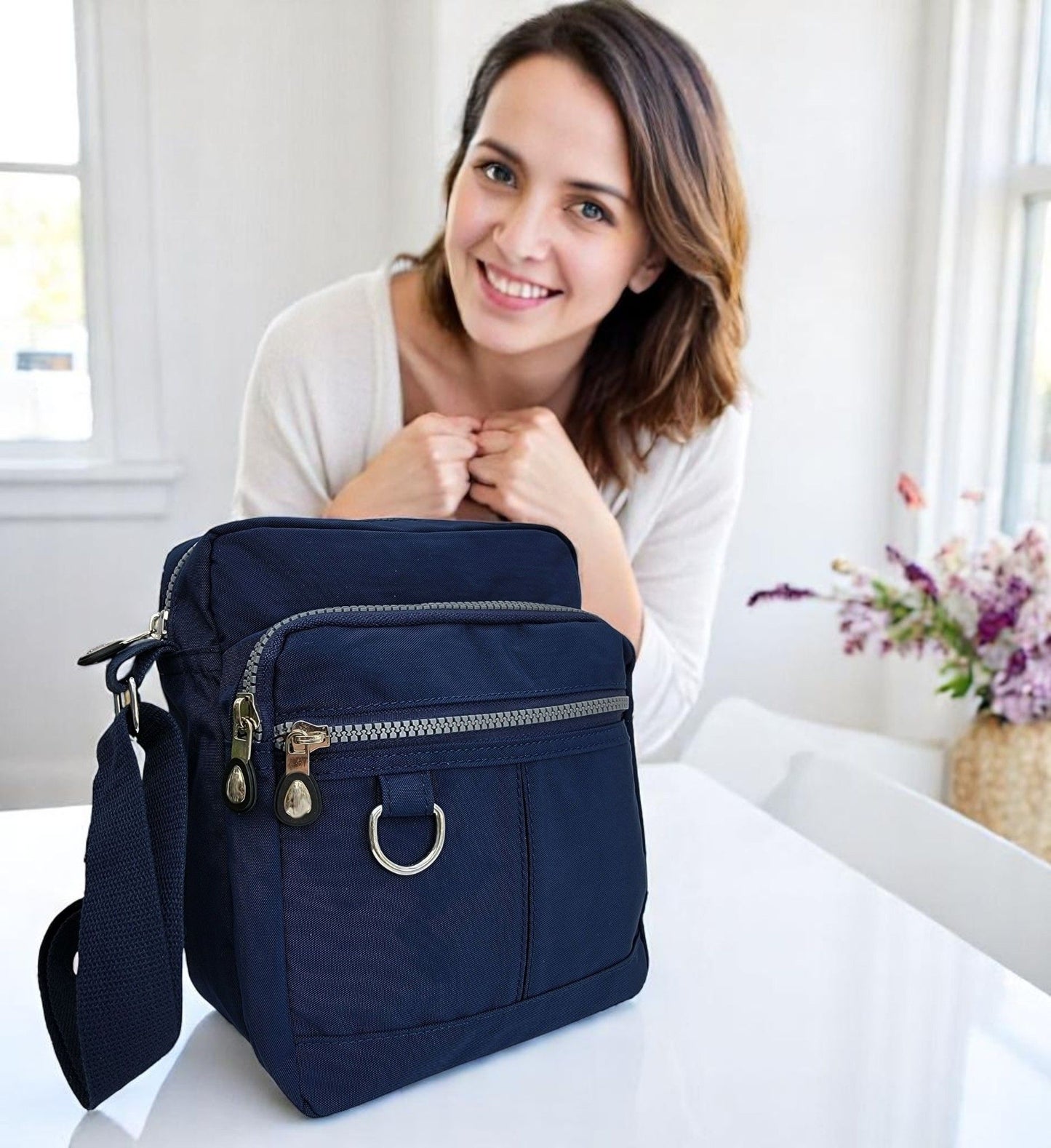 Lightweight Waterproof Small Nylon Crossbody Bag for Women with Multiple Compartments and Adjustable Strap - Navy Blue (9925-GHNL)