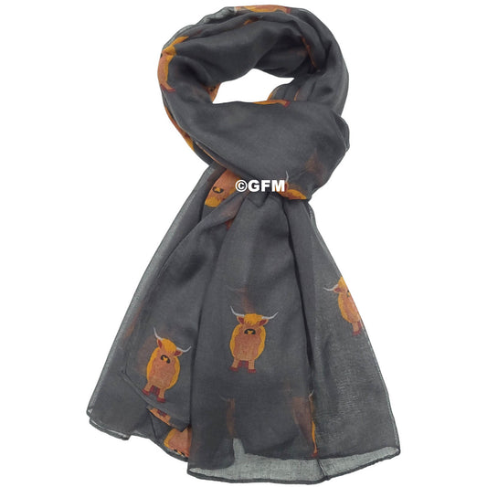 Scottish Highland Cow Scarf – Fluffy Highland Coos Heilan Coo Cattle Print Wrap - Grey (CW-53-BH)