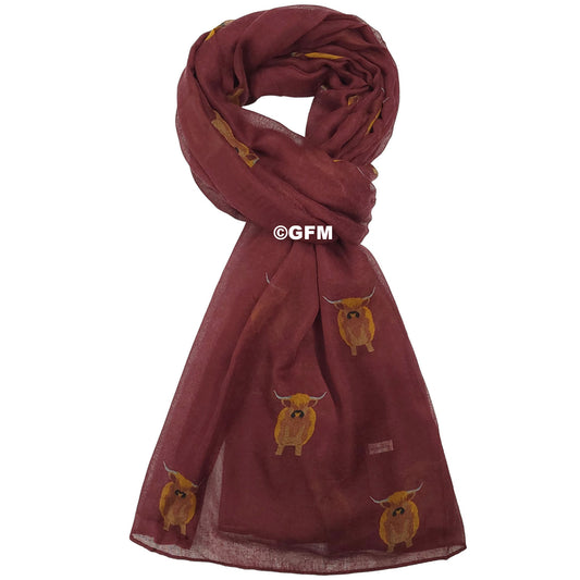 Scottish Highland Cow Scarf – Fluffy Highland Coos Heilan Coo Cattle Print Wrap - Red (CW-53-GHLL)