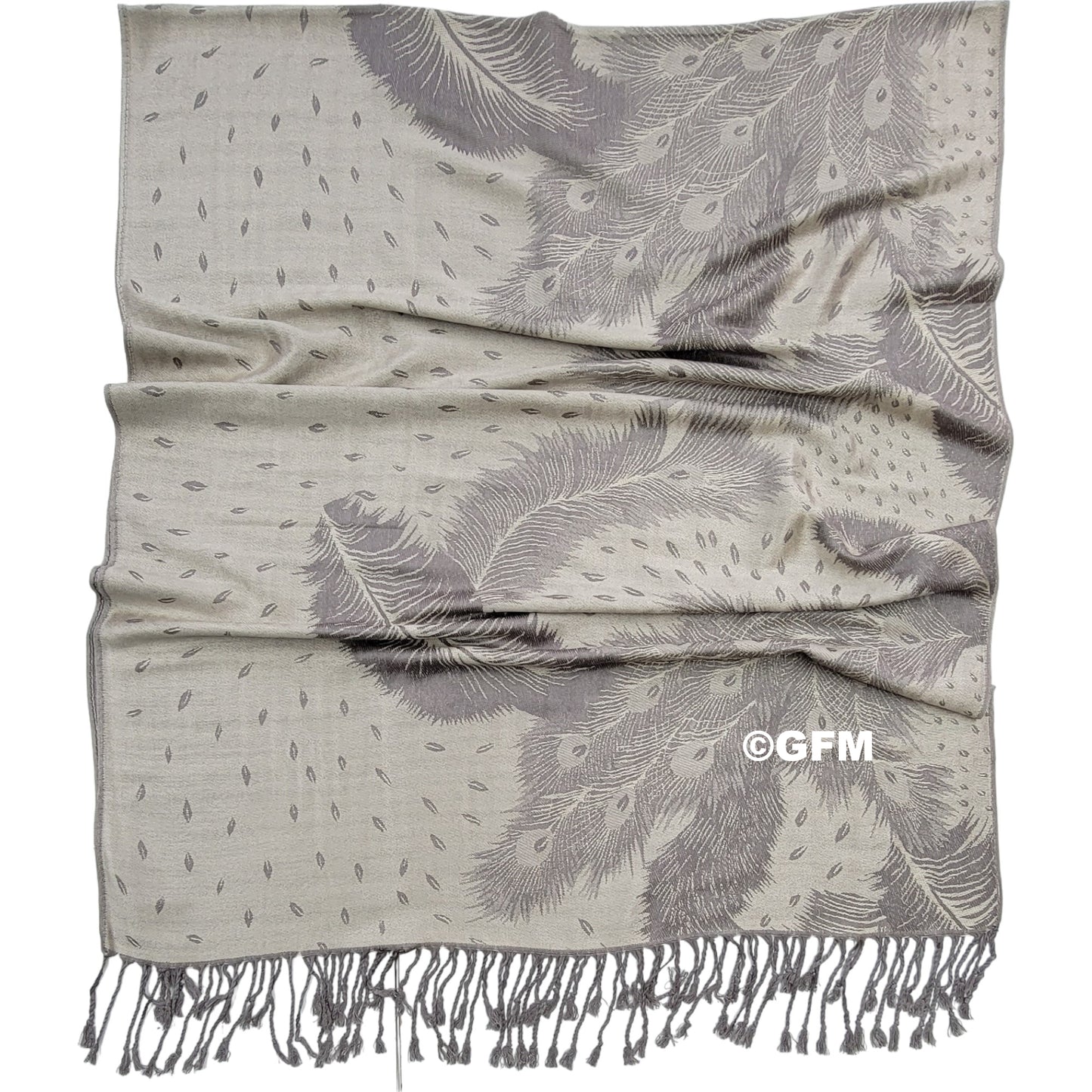 Peacock Feather Design Pashmina Style Scarf or Shawl – Beige Grey (PCKPASH-P45-TRBH)