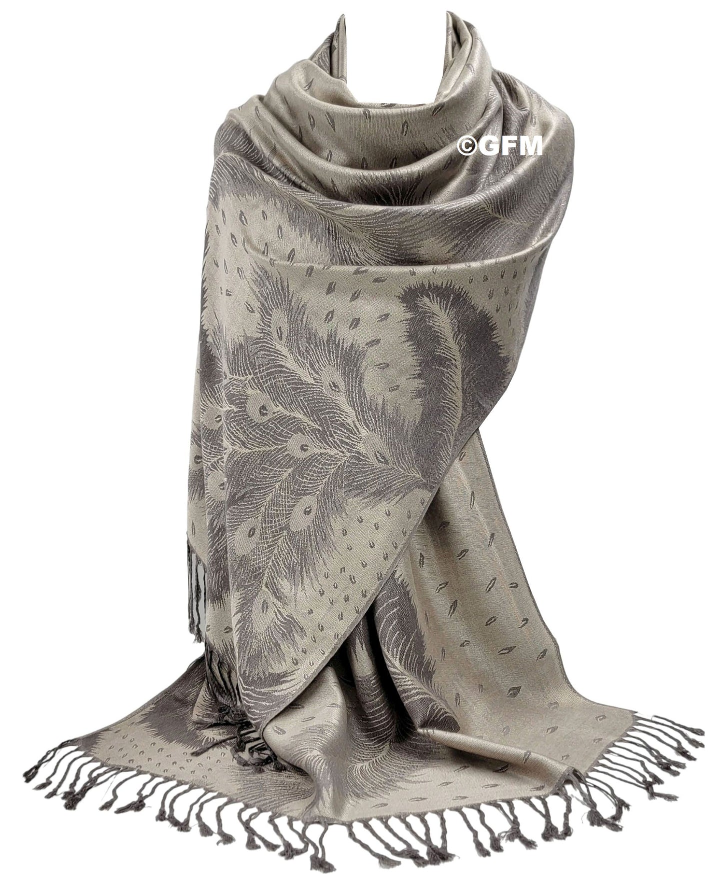 Peacock Feather Design Pashmina Style Scarf or Shawl – Beige Grey (PCKPASH-P45-TRBH)