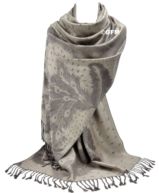 Peacock Feather Design Pashmina Style Scarf or Shawl – Beige Grey (PCKPASH-P45-TRBH)