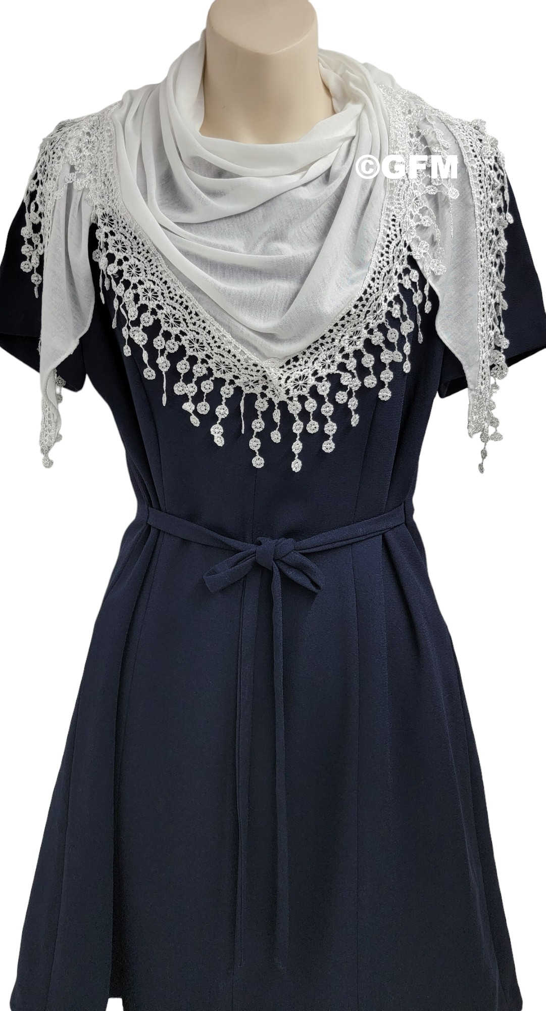 Triangle Scarf with Lace and Tassels - White (TRI-PLN-SFD)