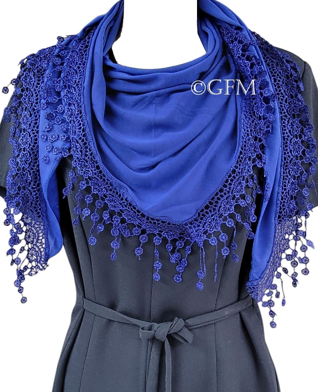 Triangle Scarf with Lace and Tassels - Royal Blue (TRI-PLN-CRTNL)