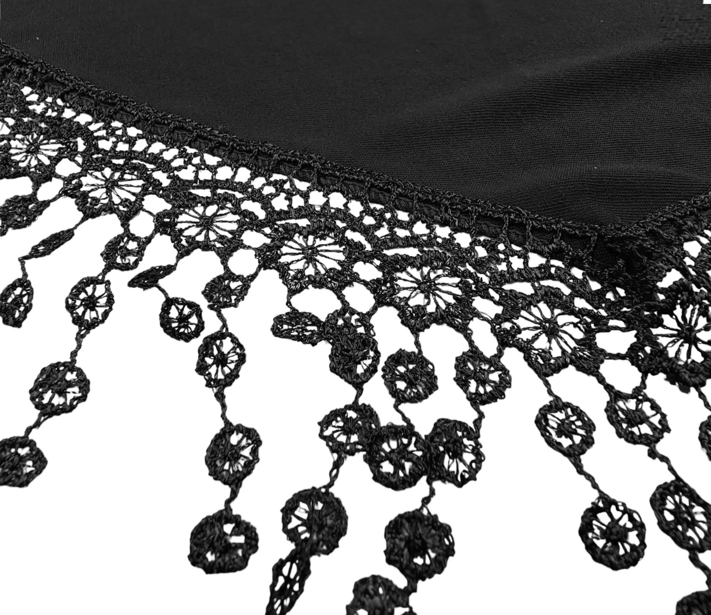 Triangle Scarf with Lace and Tassels - Black (TRI-PLN-KL)