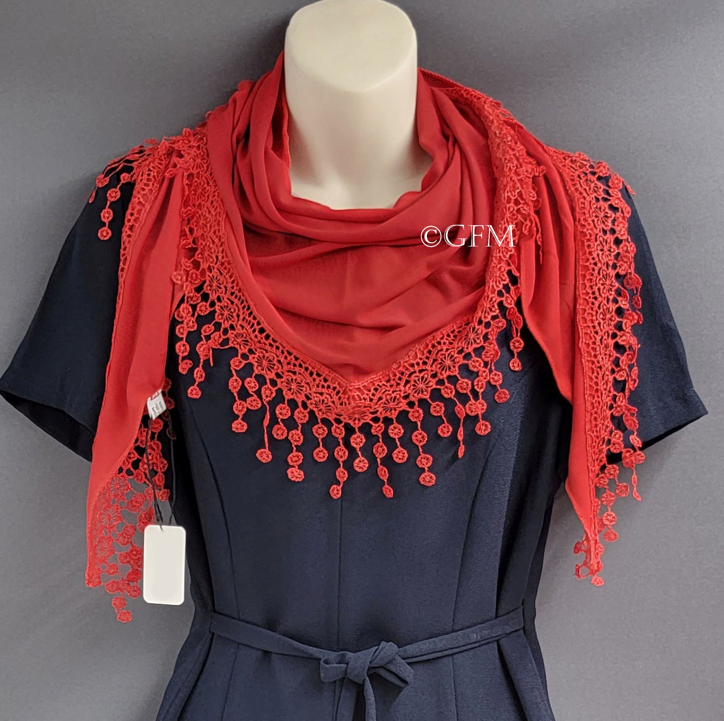 Triangle Scarf with Lace and Tassels - Red (TRI-PLN-SCLL)