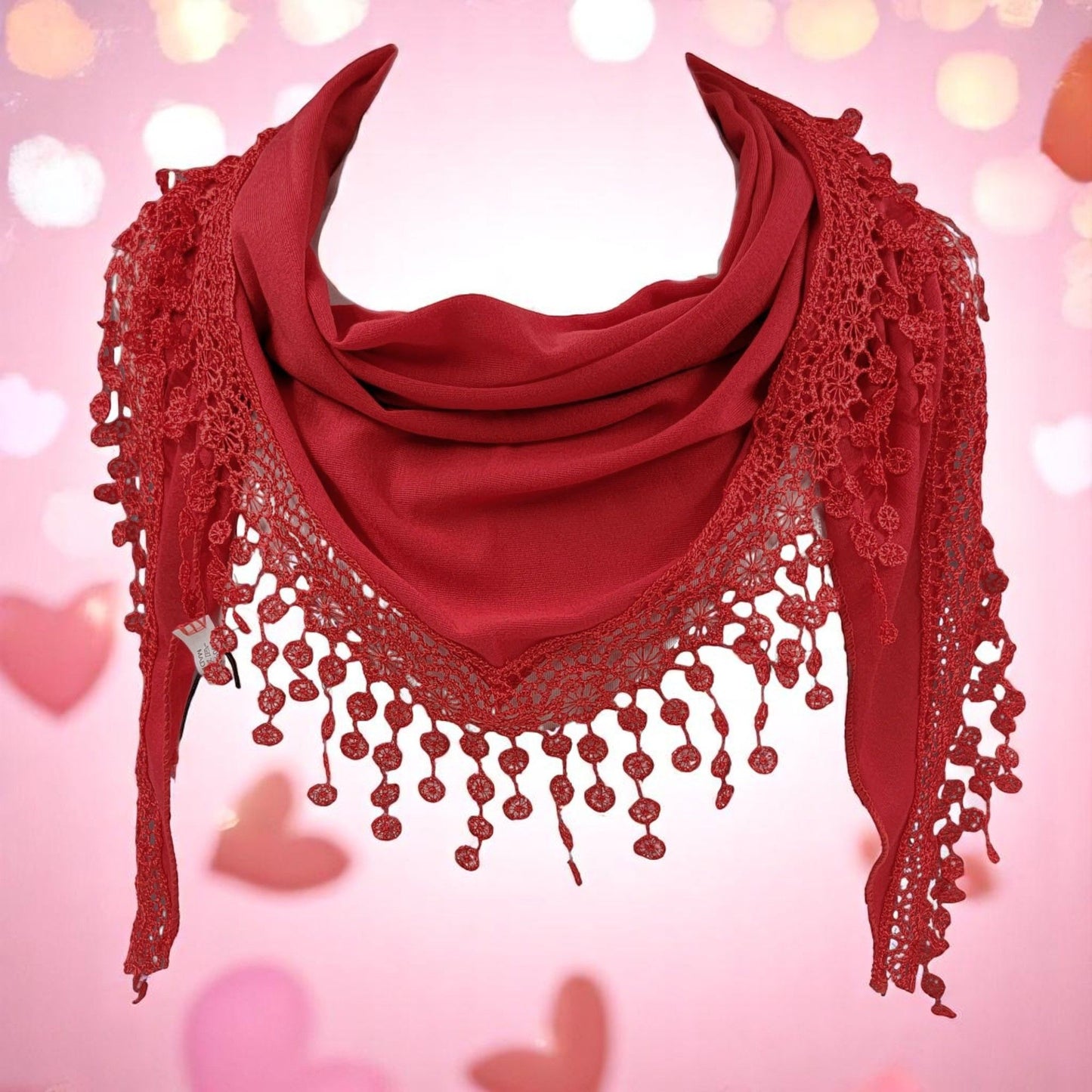 Triangle Scarf with Lace and Tassels - Red (TRI-PLN-SCLL)