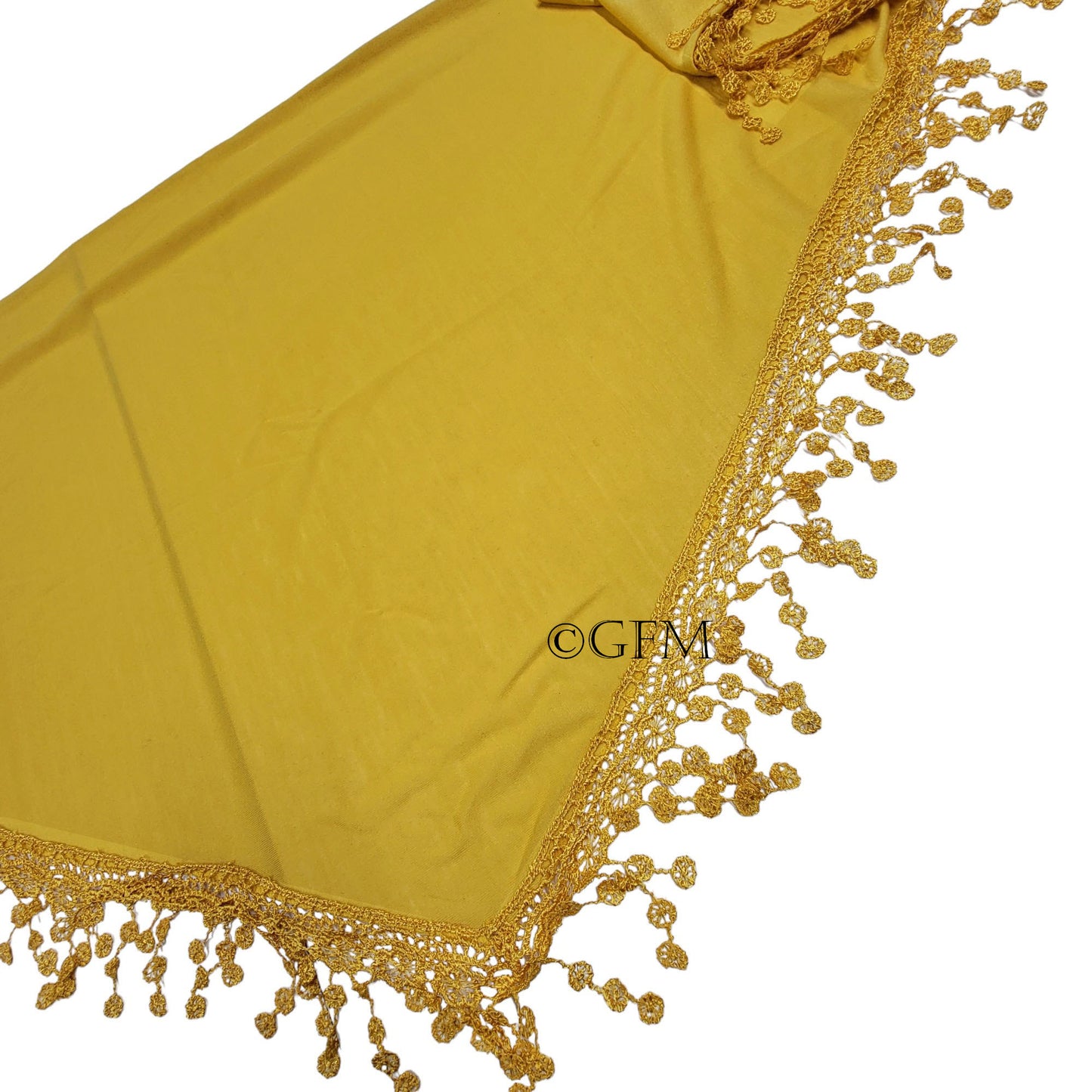Triangle Scarf with Lace and Tassels - Mustard Yellow (TRI-PLN-MTD-PLA)