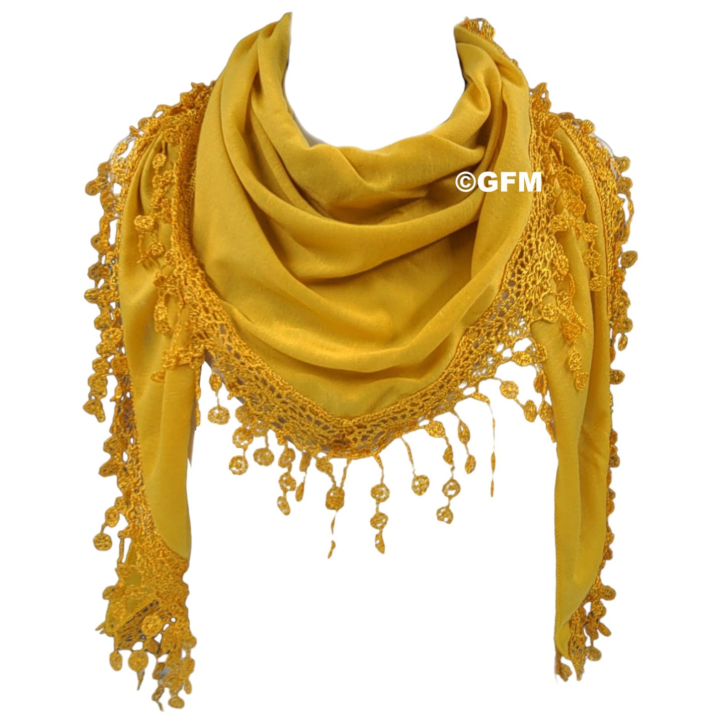 Triangle Scarf with Lace and Tassels - Mustard Yellow (TRI-PLN-MTD-PLA)