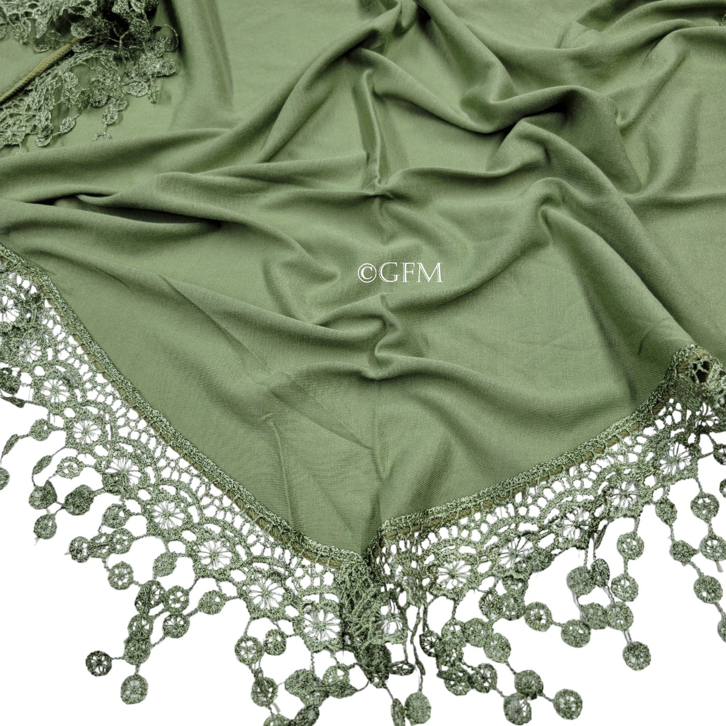 Triangle Scarf with Lace and Tassels - Light Green (TRI-PLN-HLHR)