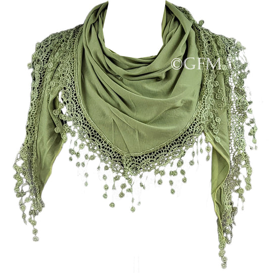 Triangle Scarf with Lace and Tassels - Light Green (TRI-PLN-HLHR)