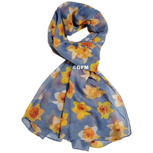 Daffodil Flower Print Scarf - Denim Blue (DAF-05-DNM)